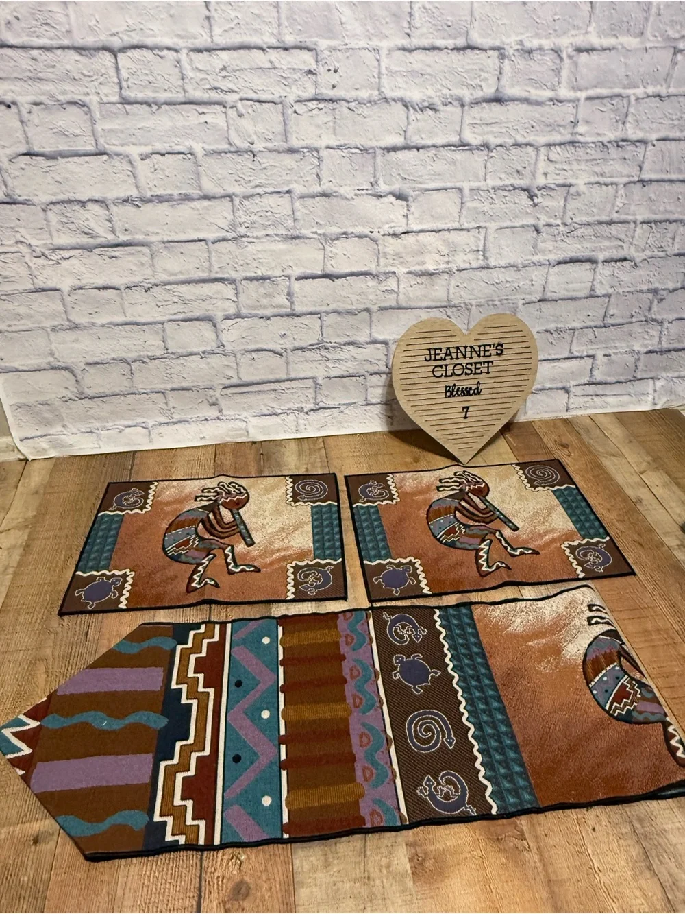 Southwestern Kokopelli Woven Tapestry Table Runner and 2 Placemats Set Brown